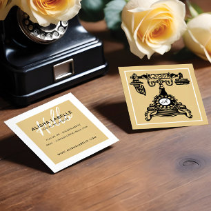 Carte De Visite Carré Bonjour    Yellow Gold Vintage Antique Phone Monog