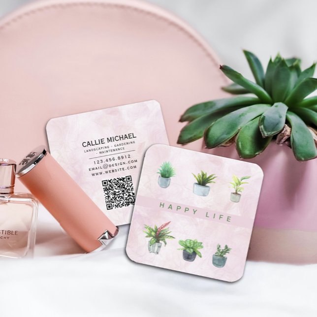 Carte De Visite Carré Bonne vie Plantes verts (Watercolor Pink and Green Potted Plant Business Card, Great design for #nurseries #eventplanners )