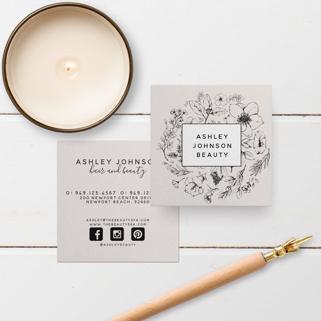 Carte De Visite Carré Botanique moderne Blush rose blanc et noir (Créateur téléchargé)