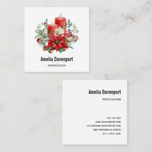 Carte De Visite Carré Bougies aquarelles et Noël de Poinsettia