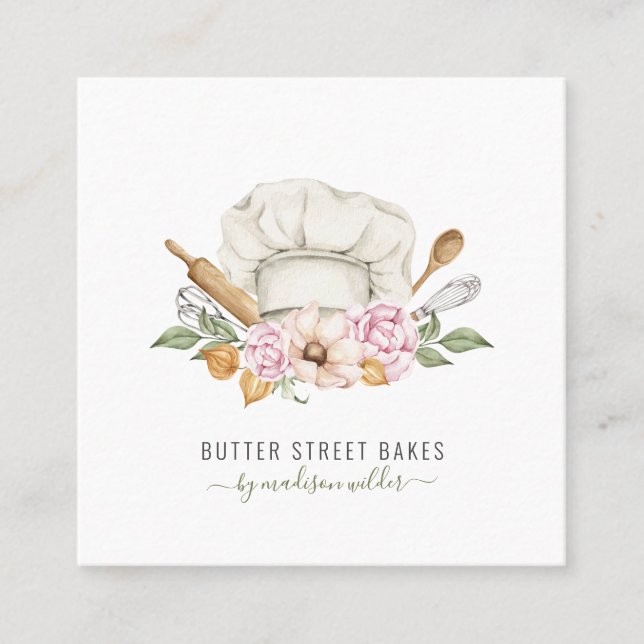 Carte De Visite Carré Boulangerie Baker Pâtisserie Chef Aquarelle Cuisin (Devant)