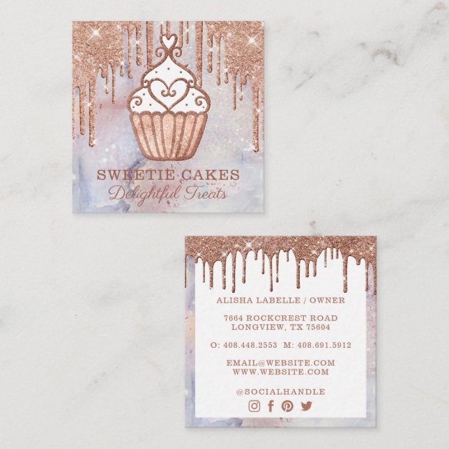 Carte De Visite Carré Boulangerie Cupcake Parties scintillant Rose Gold  (Devant / Derrière)