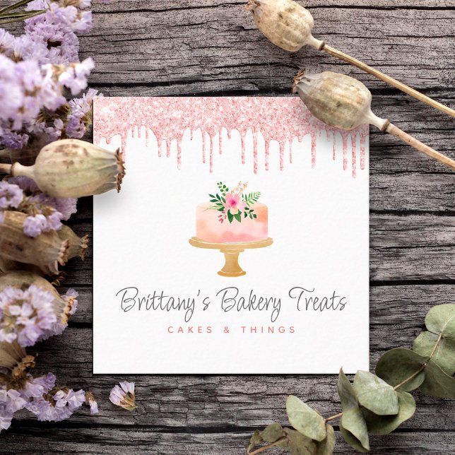 Carte De Visite Carré Boulangerie Gâteau Blush Parties scintillant Rose  (Créateur téléchargé)