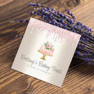 Carte De Visite Carré Boulangerie Gâteau Blush Parties scintillant Rose 