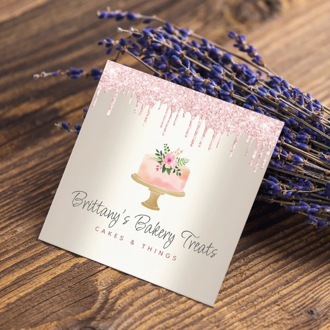 Carte De Visite Carré Boulangerie Gâteau Blush Parties scintillant Rose  (Créateur téléchargé)