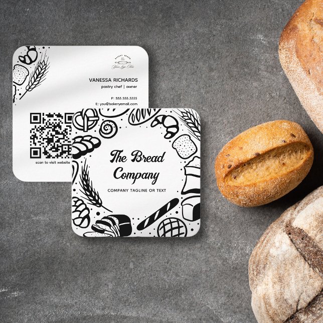 Carte De Visite Carré Boulangerie moderne Black Baked Biens Frontière QR (Créateur téléchargé)