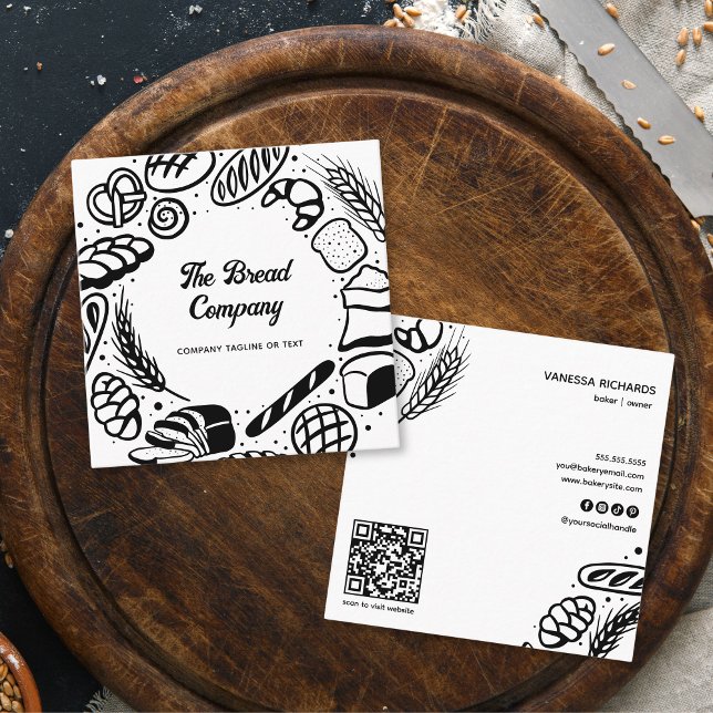 Carte De Visite Carré Boulangerie moderne Black Baked Biens Frontière QR (Créateur téléchargé)