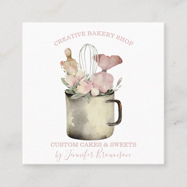 Carte De Visite Carré Boulangerie Pâtisserie Café Chef Boho chic floral (Devant)