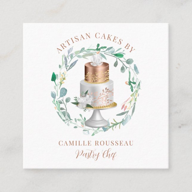 Carte De Visite Carré boulangerie pâtisserie Chef Baker Rose Gold Cake (Devant)
