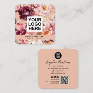 Carte De Visite Carré Bouquet aquarelle floral bordeaux & logo QR Code 