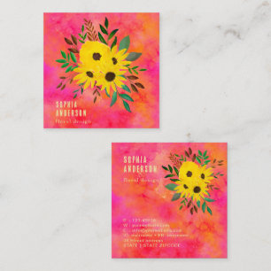 Carte De Visite Carré Bouquet de fleurs de tournesol - Aquarelle rose