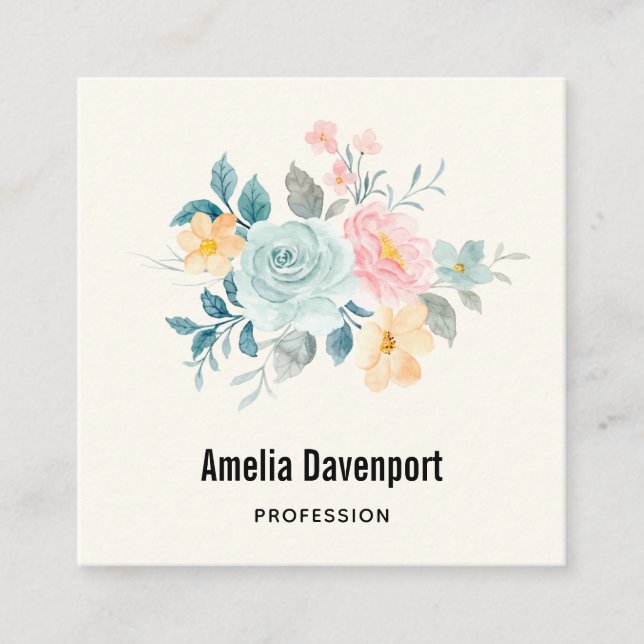 Carte De Visite Carré Bouquet de fleurs rose et bleu élégant (Devant)