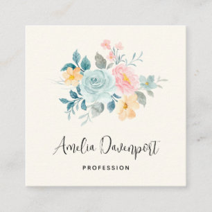 Carte De Visite Carré Bouquet de fleurs rose et bleu élégant