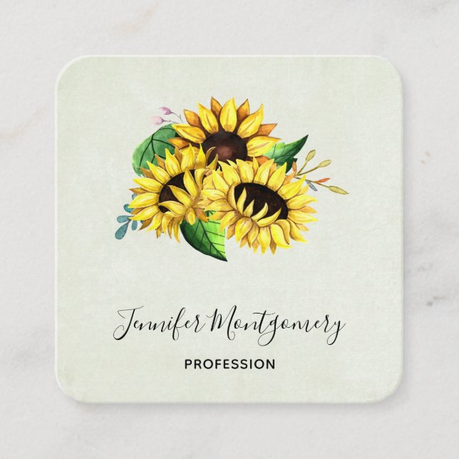 Carte De Visite Carré Bouquet de tournesol jaune en aquarelle (Devant)