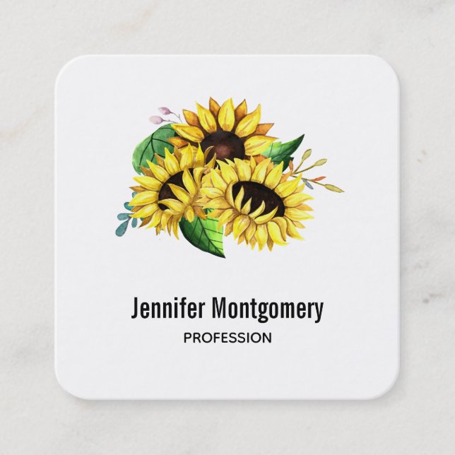 Carte De Visite Carré Bouquet de tournesol jaune en aquarelle (Devant)