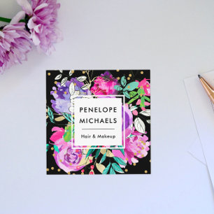 Carte De Visite Carré Bouquet floral à l'aquarelle tendance sur noir
