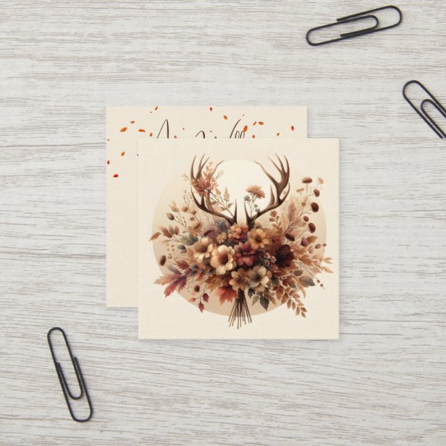 Carte De Visite Carré Bouquet floral de cerfs d'automne (Devant/Arrière en situation)