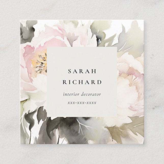 Carte De Visite Carré Bouquet floral de pivoine gris moderne (Devant)