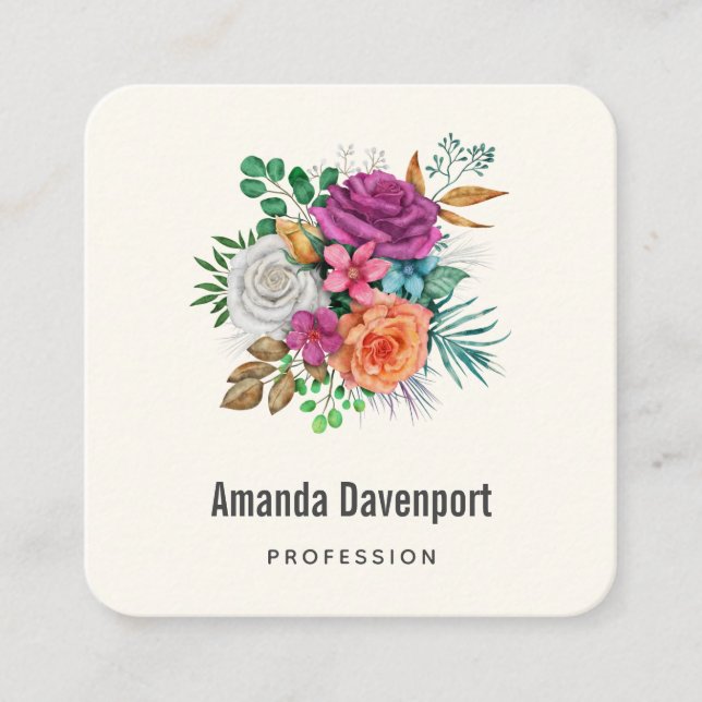 Carte De Visite Carré Bouquet floral rose, orange et blanc (Devant)