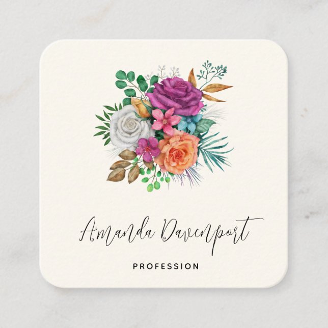 Carte De Visite Carré Bouquet floral rose, orange et blanc (Devant)