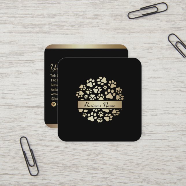 Carte De Visite Carré Boutique de luxe Black Gold Foil pour animaux de c (Devant/Arrière en situation)