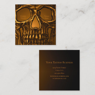 Carte De Visite Carré Boutique de tatouage d'or en métal à visage crâ