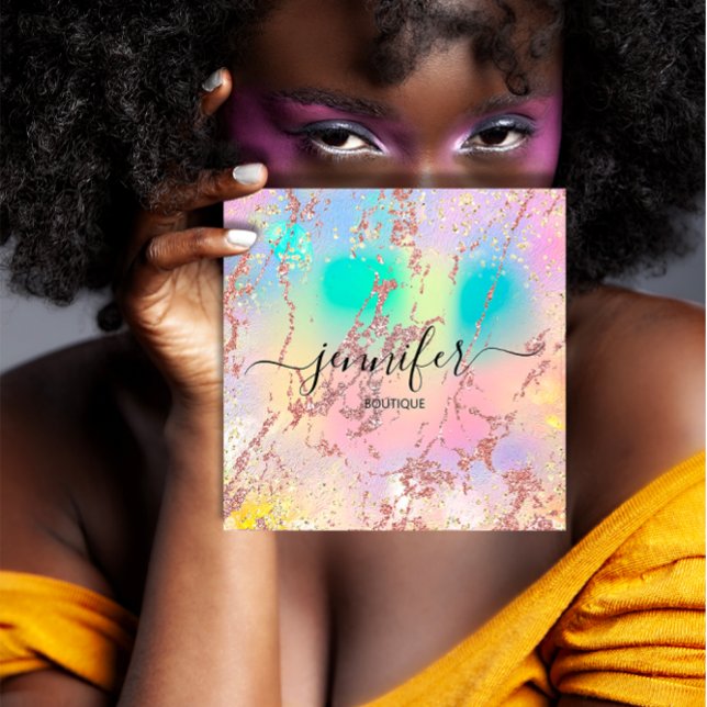 Carte De Visite Carré Boutique professionnelle Boutique Rose Holographe  (Professional Boutique Shop Rose Holograph Blush Square Business Card)