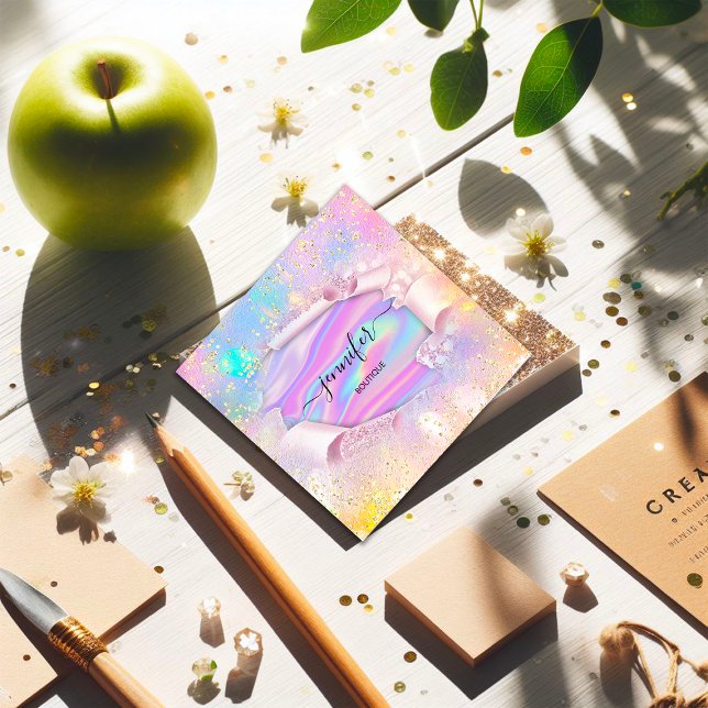 Carte De Visite Carré Boutique Professionnelle Nom Boutique Holographe P (Professional Boutique Shop Name Holograph Glitter Square Business Card)