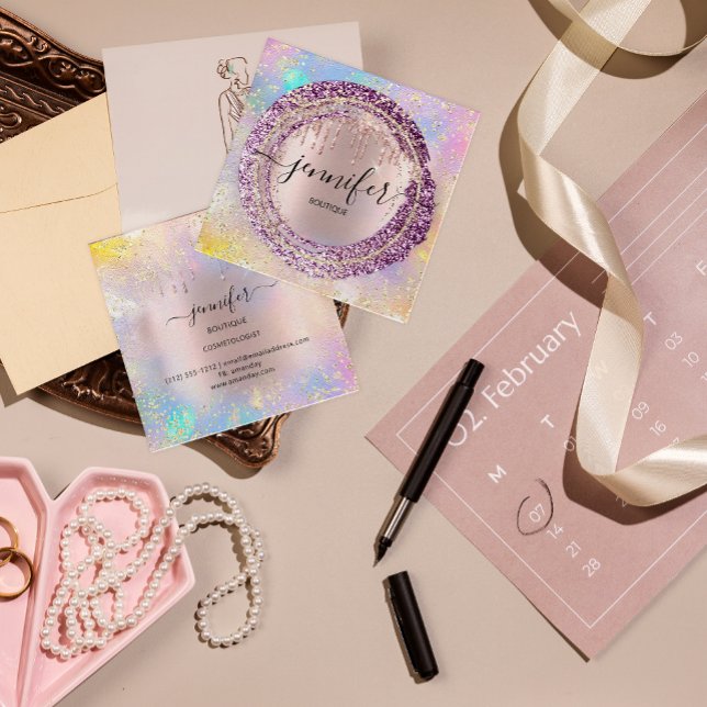 Carte De Visite Carré Boutique professionnelle Parties scintillant Berry (Professional Boutique Shop Glitter Berry Holograph Square Business Card)