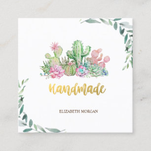 Carte De Visite Carré Branche aquarelle, Cactus floral fait main