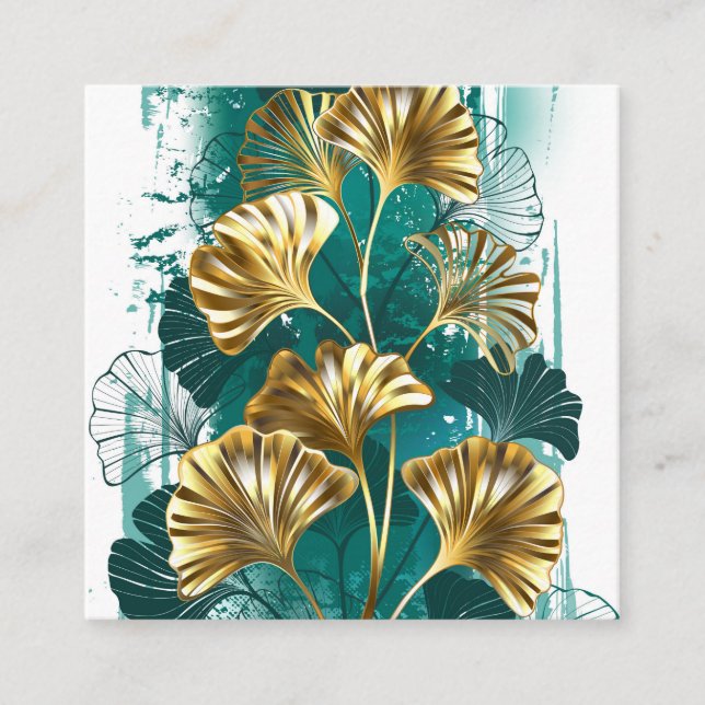 Carte De Visite Carré Branche avec Feuilles d'or Ginko Biloba (Devant)
