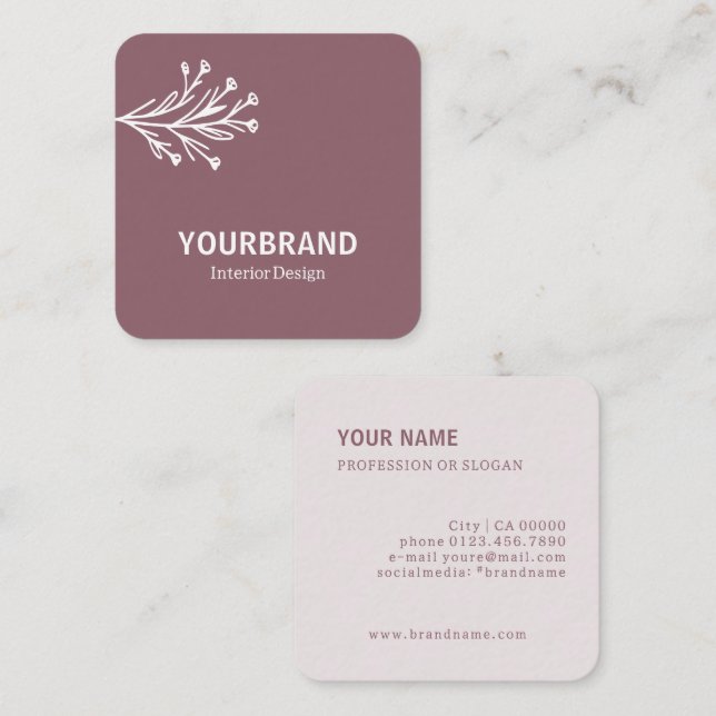 Carte De Visite Carré Branche moderne Design d'intérieur Dusty rose Lila (Devant / Derrière)