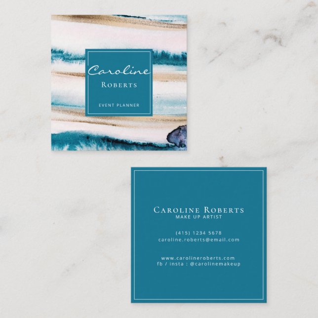 Carte De Visite Carré Brochures tendance Aquarelles Unique Blue Gold  (Devant / Derrière)