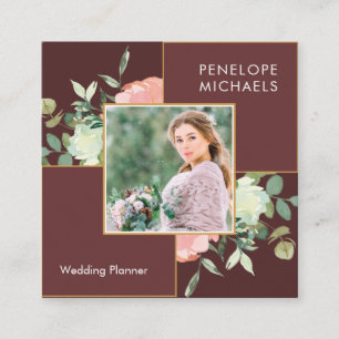 Carte De Visite Carré Brown rouge profond avec bouquet floral Photo