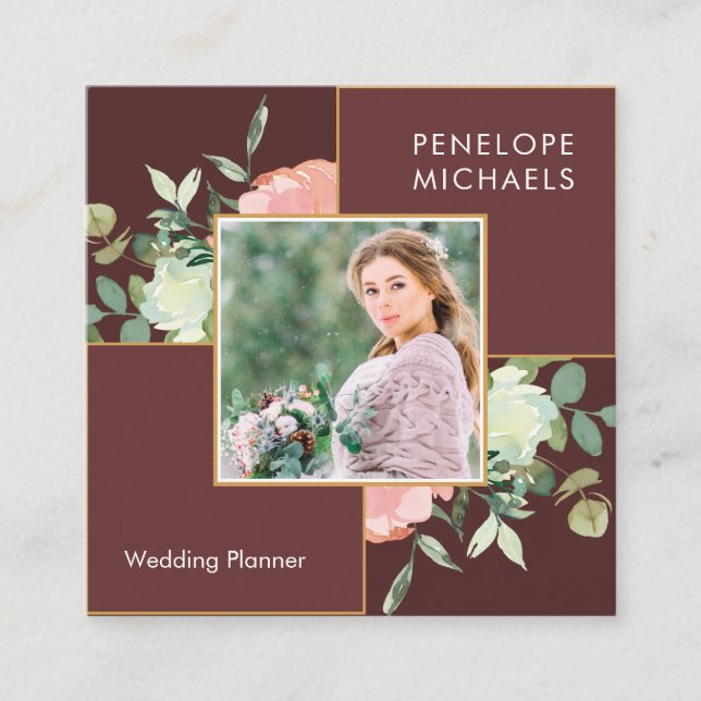 Carte De Visite Carré Brown rouge profond avec bouquet floral Photo (Devant)