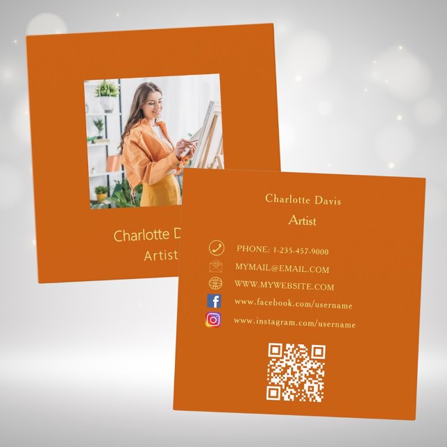 Carte De Visite Carré Brûlé orange photo code QR médias sociaux (Créateur téléchargé)