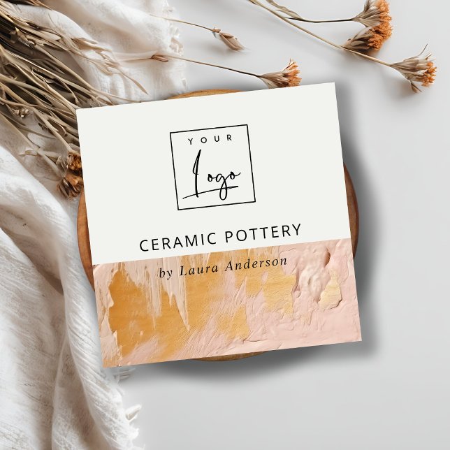 Carte De Visite Carré Bush Pink Gold Paint Texture Logo QR Code (Créateur téléchargé)