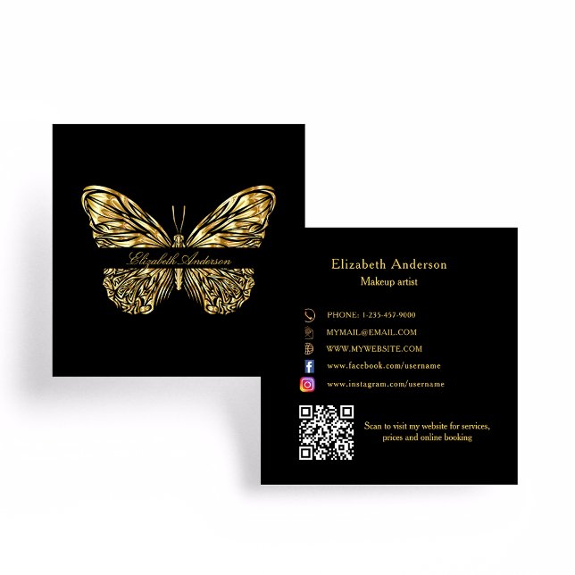 Carte De Visite Carré Butterfly noir or code QR élégant script (Créateur téléchargé)