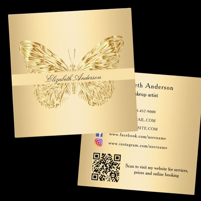 Carte De Visite Carré Butterfly or code QR élégant script (Créateur téléchargé)