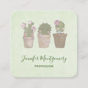 Carte De Visite Carré Cactus joli souriant portant bijoux Aquarelle