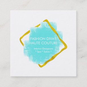 Carte De Visite Carré Cadre bleu d'aqua chic d'or d'aquarelle moderne