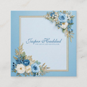 Carte De Visite Carré Cadre en or moderne à fleurs de rose bleue élégant
