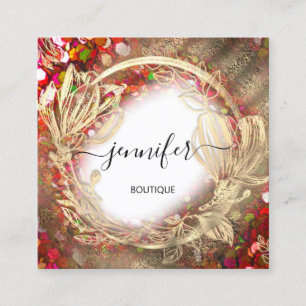 Carte De Visite Carré Cadre Floral QR Code Logo Gold Red Confetti Royal