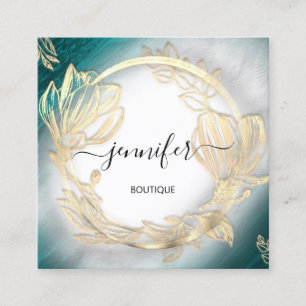 Carte De Visite Carré Cadre floral QR Code Logo Gold Turquoise Grey
