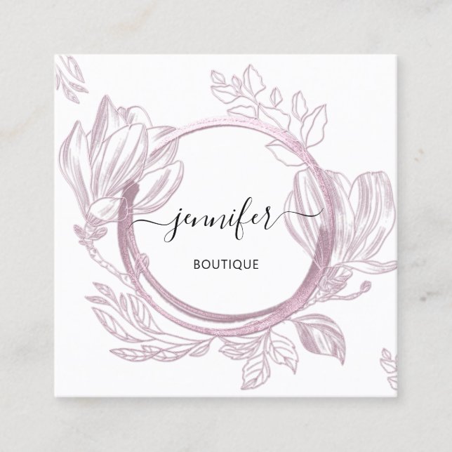 Carte De Visite Carré Cadre Floral QR Code Logo Jardin Rose Blanc (Devant)