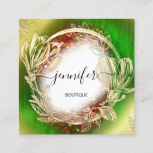 Carte De Visite Carré Cadre Floral QR Code Logo Or Rouge Jaune Vert