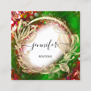 Carte De Visite Carré Cadre Floral QR Code Logo Or Rouge Vert Royal