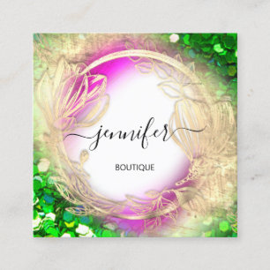 Carte De Visite Carré Cadre Floral QR Code Logo Or Vert Rose