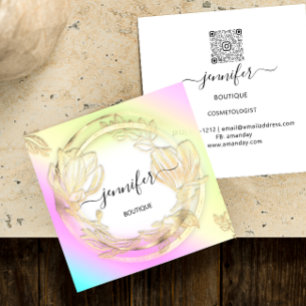 Carte De Visite Carré Cadre Floral QRCode Logo Or Ombre rose