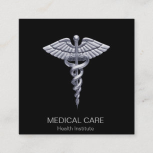 Carte De Visite Carré Caducée Médicale argentée classique sur noir